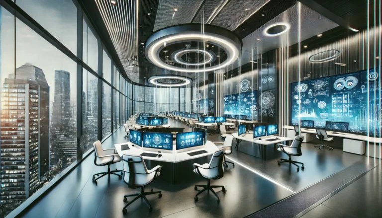 A futuristic smart office in Singapore with digital screens, smart lighting, and automated meeting rooms