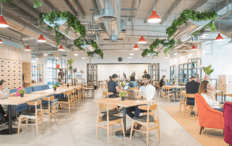 Open coworking space with modern decor, wooden furniture, hanging plants, and people working on laptops
